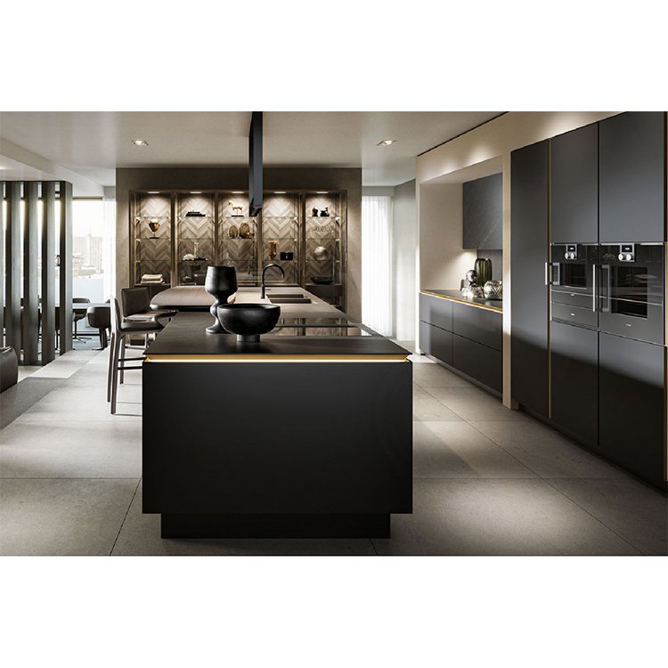 Free design custom made high end modern large high gloss finish dark grey lacquer laminate wooden kitchen cabinet