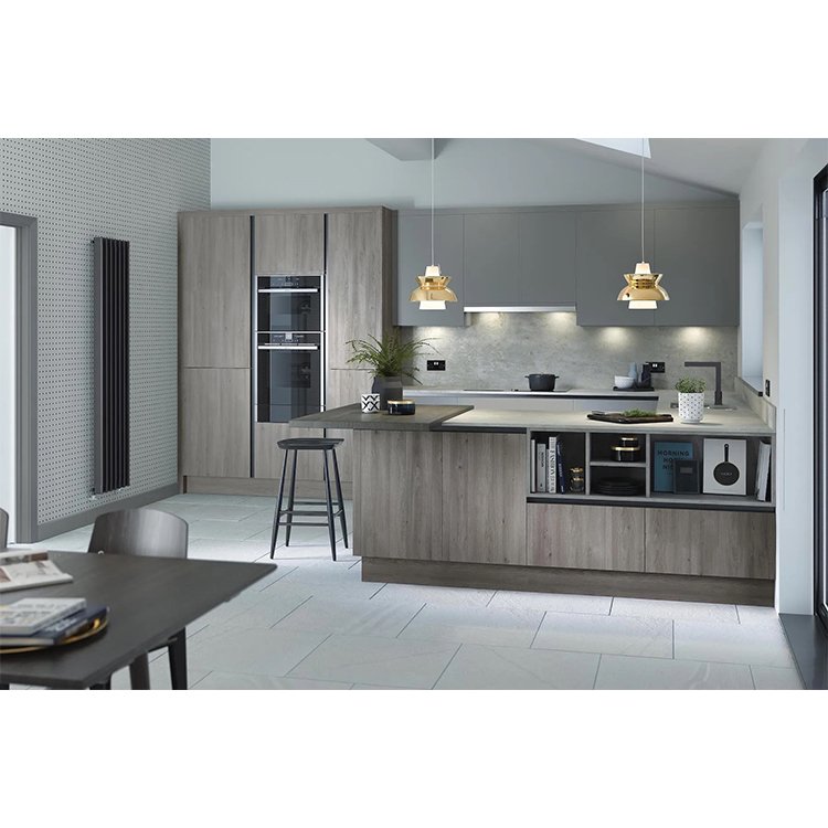 Free design custom made high end modern large high gloss finish dark grey lacquer laminate wooden kitchen cabinet