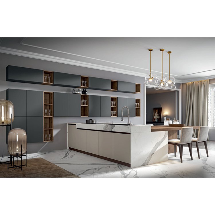 Free design custom made high end modern large high gloss finish dark grey lacquer laminate wooden kitchen cabinet
