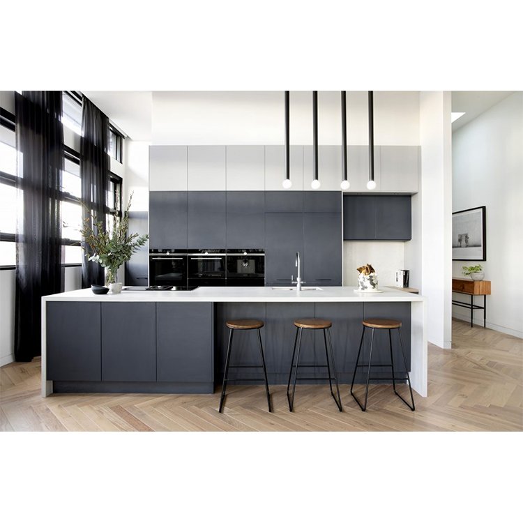 Free design custom made high end modern large high gloss finish dark grey lacquer laminate wooden kitchen cabinet