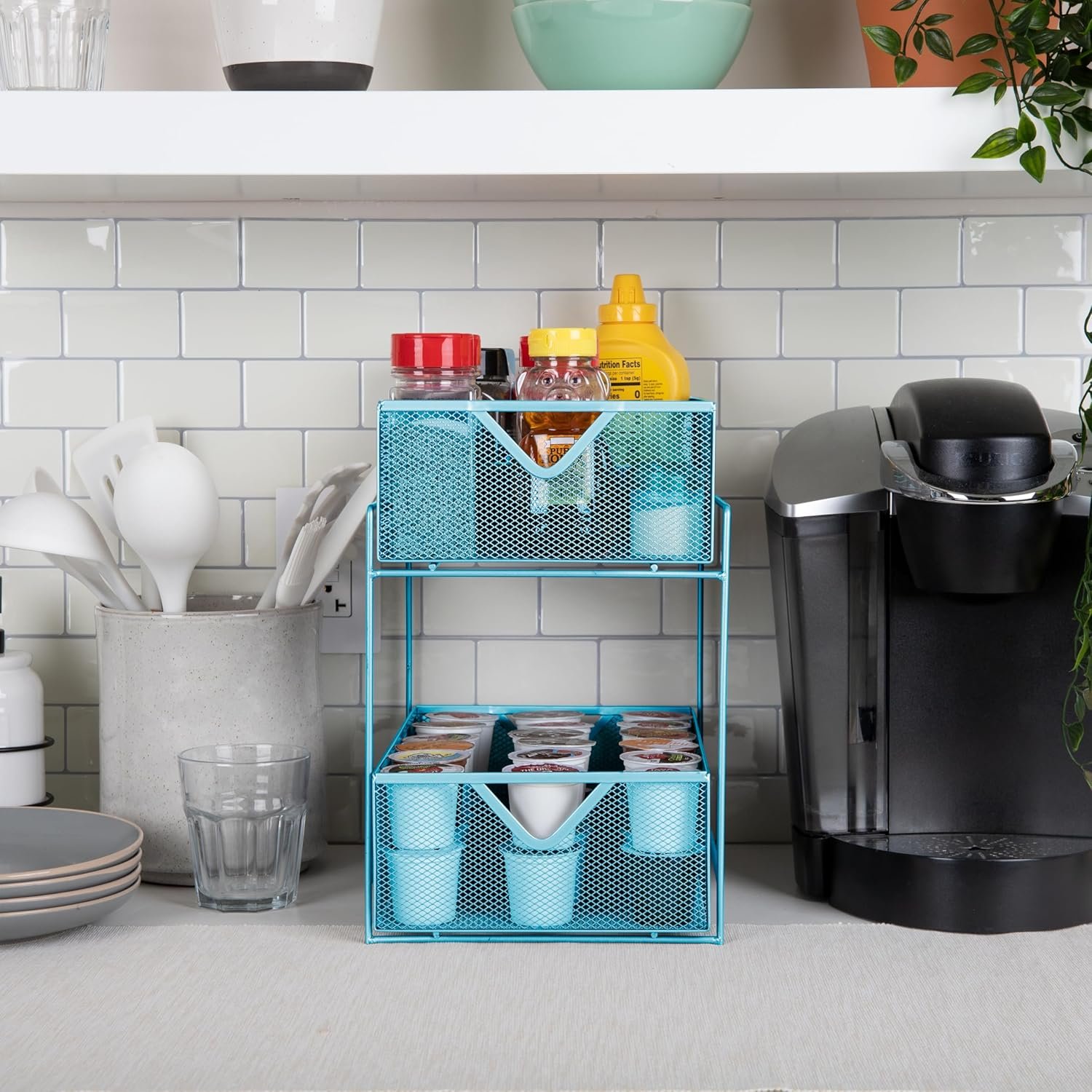 New arrival customized high quality metal mesh storage basket two tier makeup accessory organizer coffee spice sundries storage