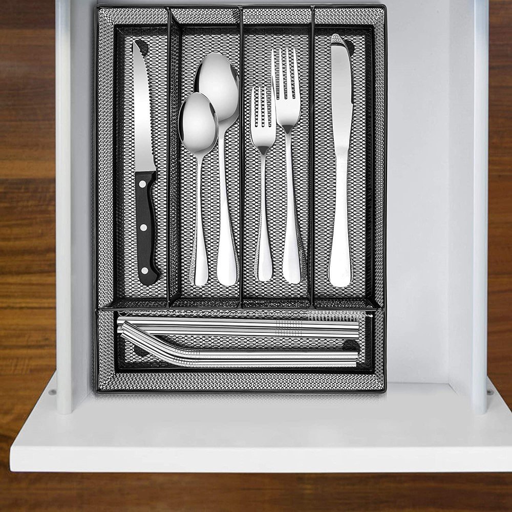 Metal 5 Compartments Cutlery Organizer Silverware Tray Kitchen Utensil Drawer Organizer