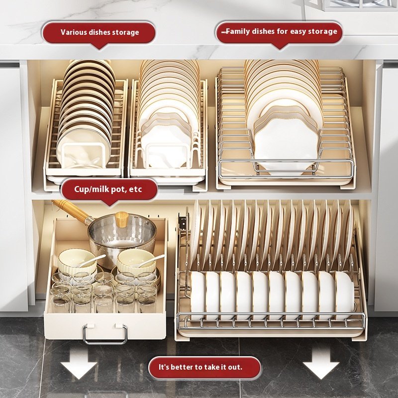 Stainless Steel Install-Free Pull Basket Kitchen Cabinet Drawer-Type Dish Rack for Sink Storage Metal Material