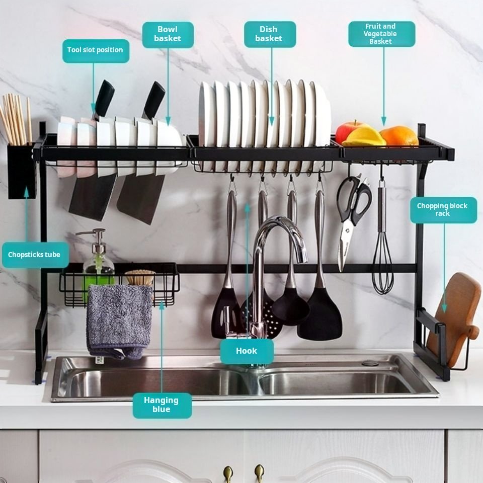 Stainless steel kitchen sink storage rack countertop bowl and plate storage rack