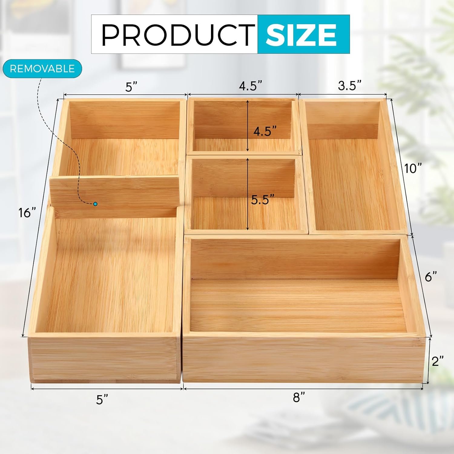 Bathroom Drawer Organizer Bamboo Box Bin for Junk Vanity Desk Makeup Drawer, Small Wooden Container Tea Storage Tray for Kitchen