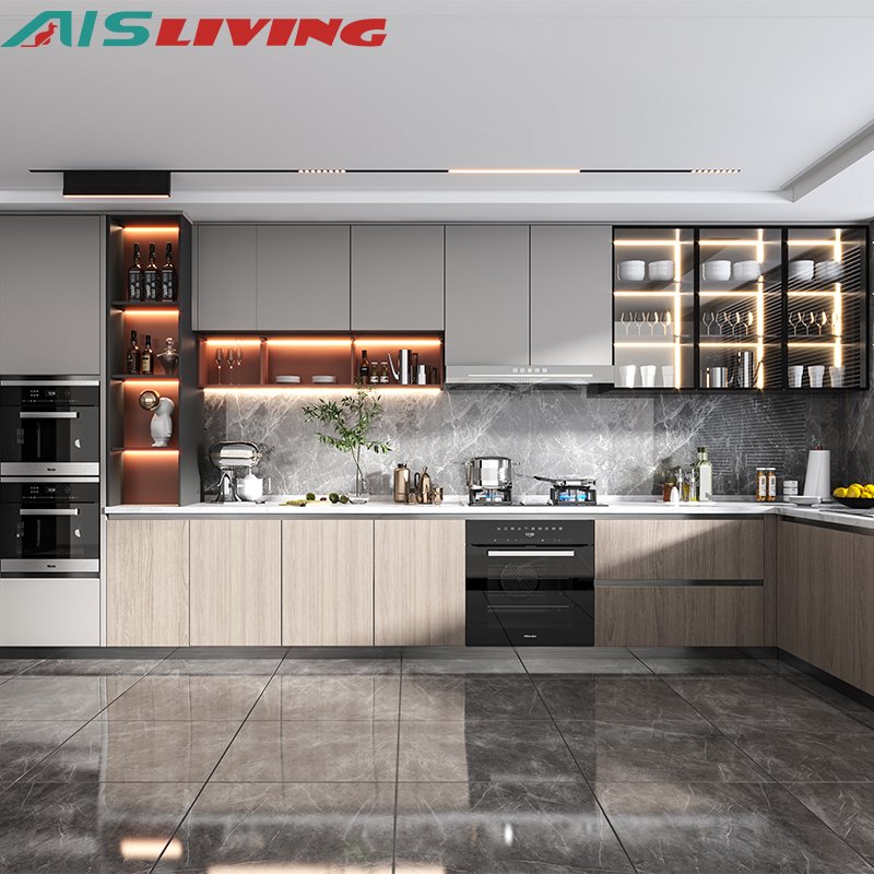 Kitchen Furniture China Modern Simple Houses Furniture Kitchen Design Custom Smart Grey Flat Pack Cupboard Kitchen Cabinets