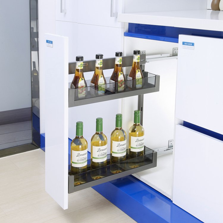 custom factory kitchen storage pull out spice drawer side mounted soft closing glass seasoning basket