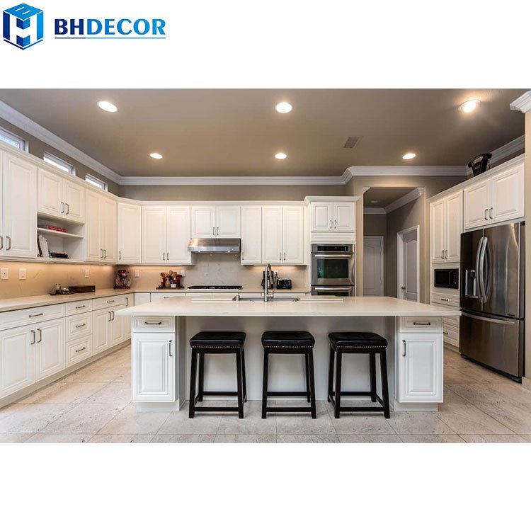 European English Style L Shape Luxury And Elegant Country Hampton Glass White Solid Wood Classical Kitchen Cabinets From China