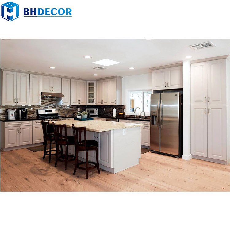 European English Style L Shape Luxury And Elegant Country Hampton Glass White Solid Wood Classical Kitchen Cabinets From China