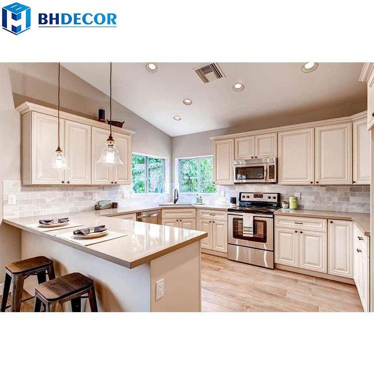 European English Style L Shape Luxury And Elegant Country Hampton Glass White Solid Wood Classical Kitchen Cabinets From China