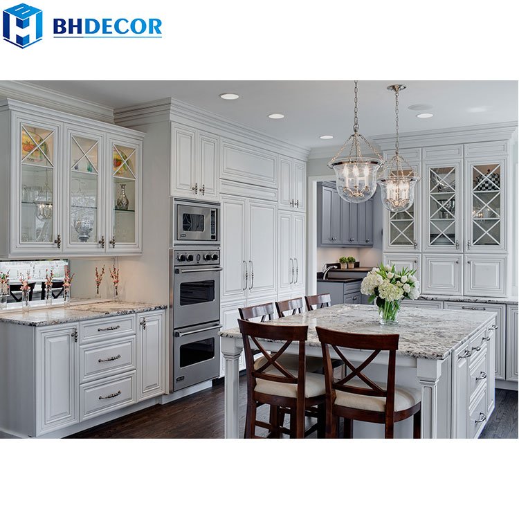 European English Style L Shape Luxury And Elegant Country Hampton Glass White Solid Wood Classical Kitchen Cabinets From China