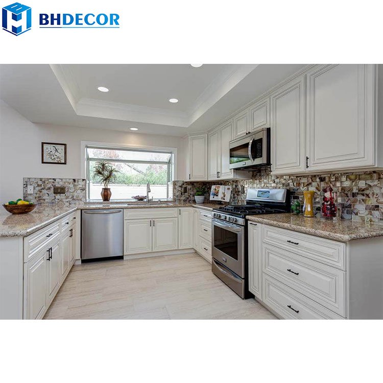 European English Style L Shape Luxury And Elegant Country Hampton Glass White Solid Wood Classical Kitchen Cabinets From China