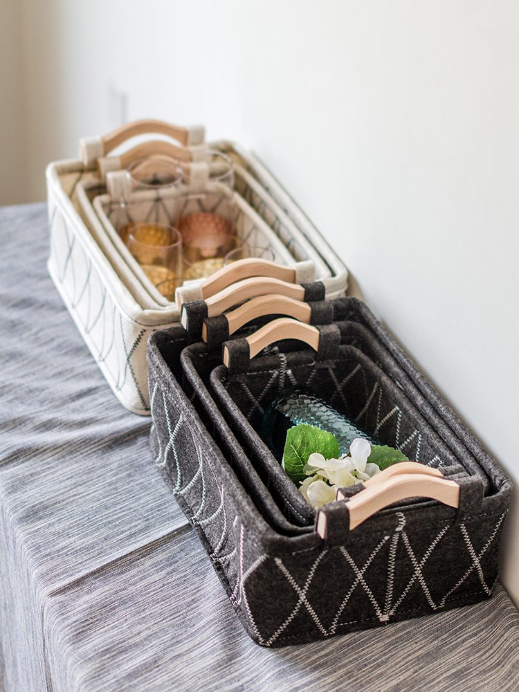 Felt Drawer Storage Basket Holders with Wood Handle for Toys Books and Tools Organizer