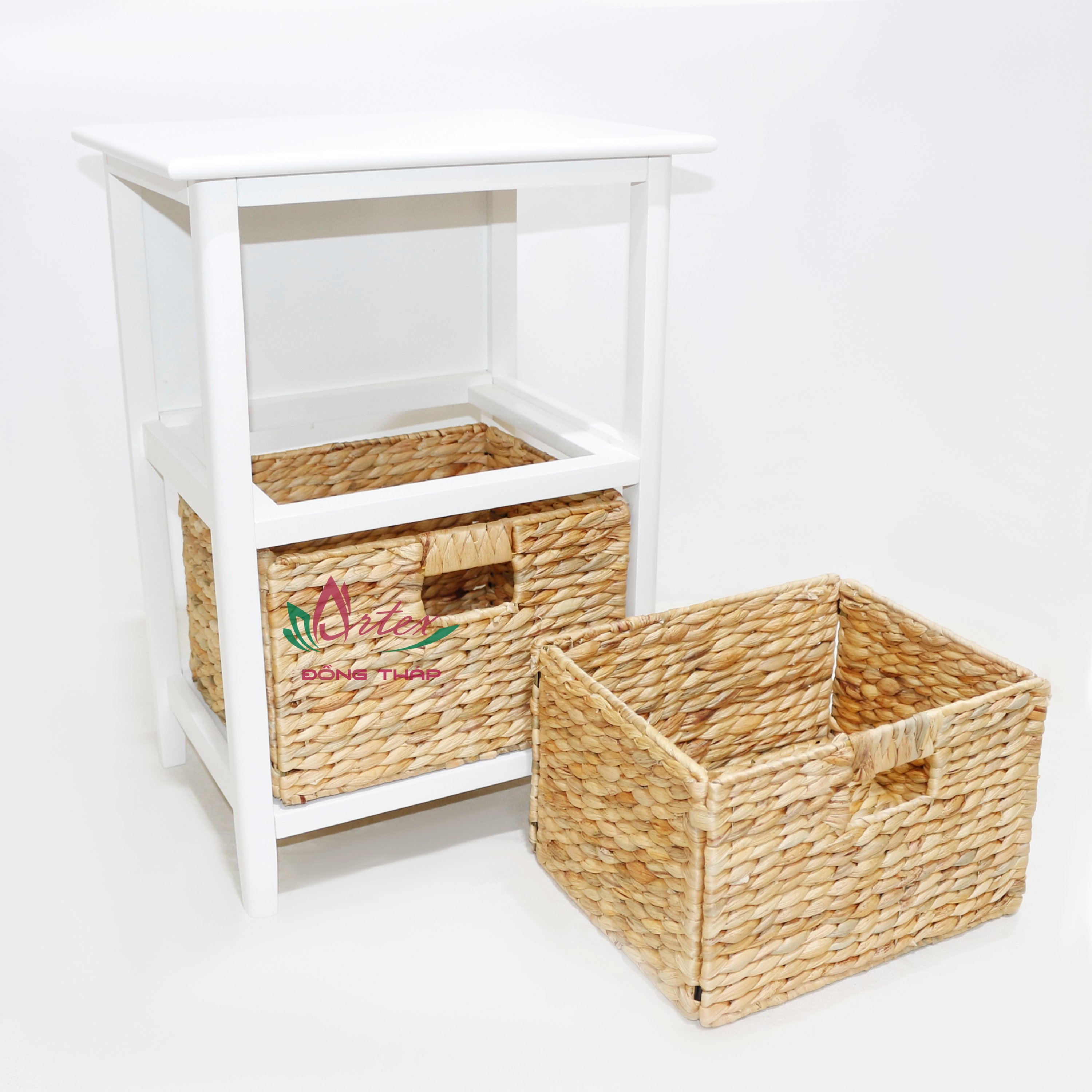 Artex Dong Thap Factory Wholesale Top Trending 3 Drawer Wood Side Table with Hyacinth Basket Drawer Storage Handicraft