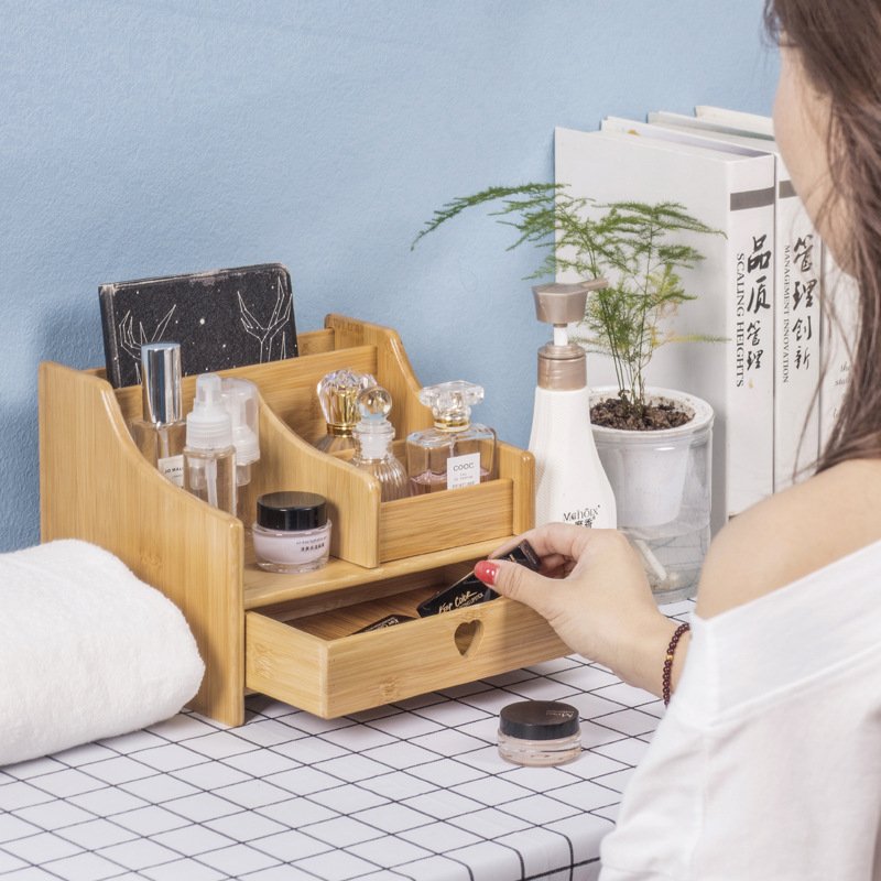 Hotsale Home Sundries Storage Organizer With Drawer Makeup Storage Display Stand Wooden Bamboo Desktop Cosmetic Storage Box