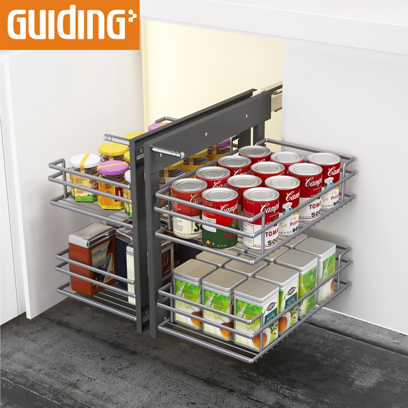 Metal Kitchen Storage Cabinet Organizer 2 Tier Metal Rack Pull-out -Soft Closing Magic Corner for Kitchen Corner