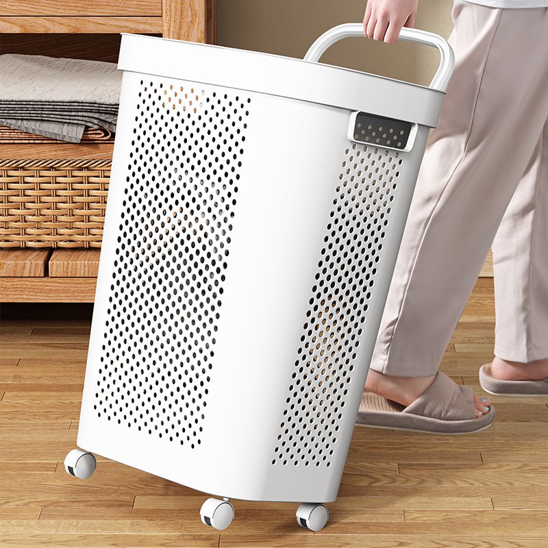 Home supplies large dirty clothing basket plastic rolling laundry Hamper with Underwear Basket Handle Wheels