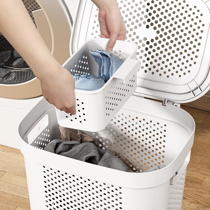 Home supplies large dirty clothing basket plastic rolling laundry Hamper with Underwear Basket Handle Wheels
