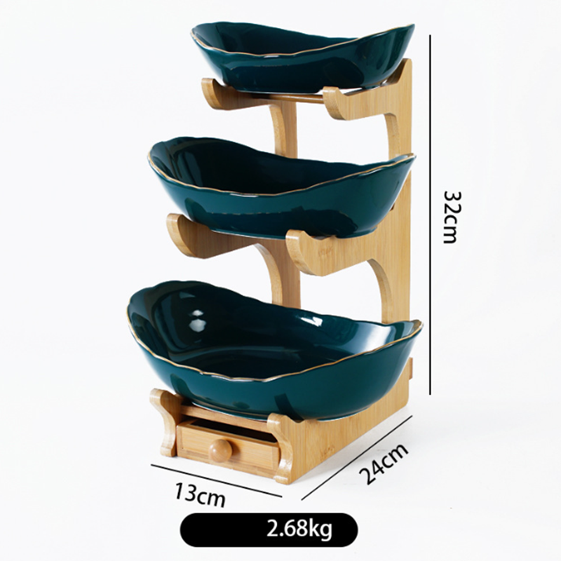 3 Tiers Fruit Basket Bamboo Stand Holder,Ceramic Countertop Dish Vegetables Candy Shelves Fruit Storage Basket