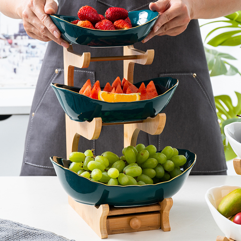 3 Tiers Fruit Basket Bamboo Stand Holder,Ceramic Countertop Dish Vegetables Candy Shelves Fruit Storage Basket