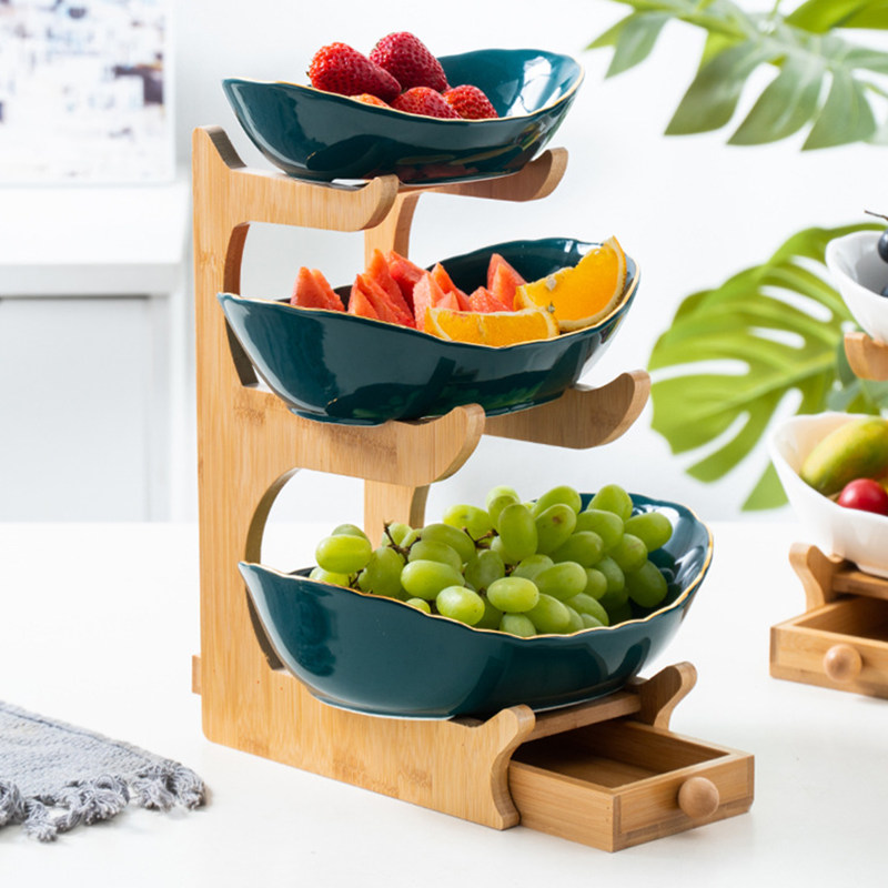 3 Tiers Fruit Basket Bamboo Stand Holder,Ceramic Countertop Dish Vegetables Candy Shelves Fruit Storage Basket
