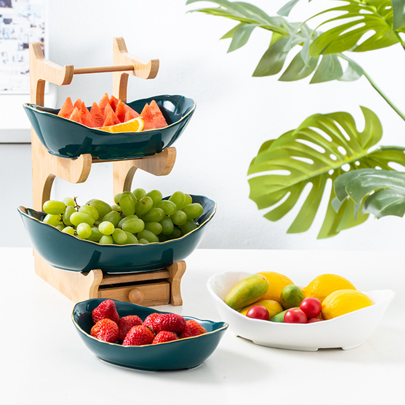 3 Tiers Fruit Basket Bamboo Stand Holder,Ceramic Countertop Dish Vegetables Candy Shelves Fruit Storage Basket
