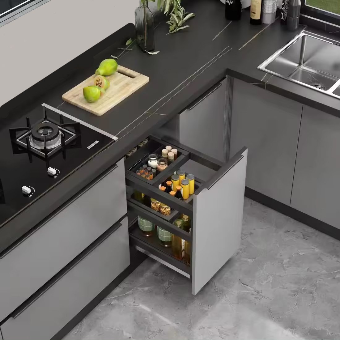 seasoning organizer rack in cabinet black color spice aluminum drawer sliding basket seasoning pull basket pull out storage