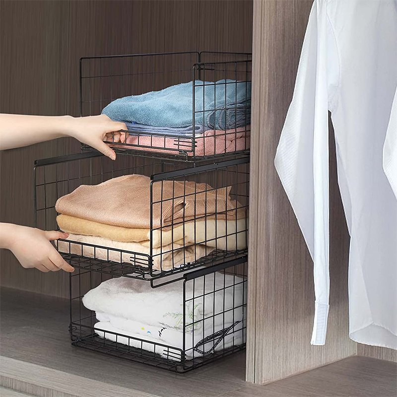 4-Tier Drawer Storage Shelves Stackable Metal Mesh Pull Out Storage Boxes Basket Wardrobe Sliding Closet Organizers