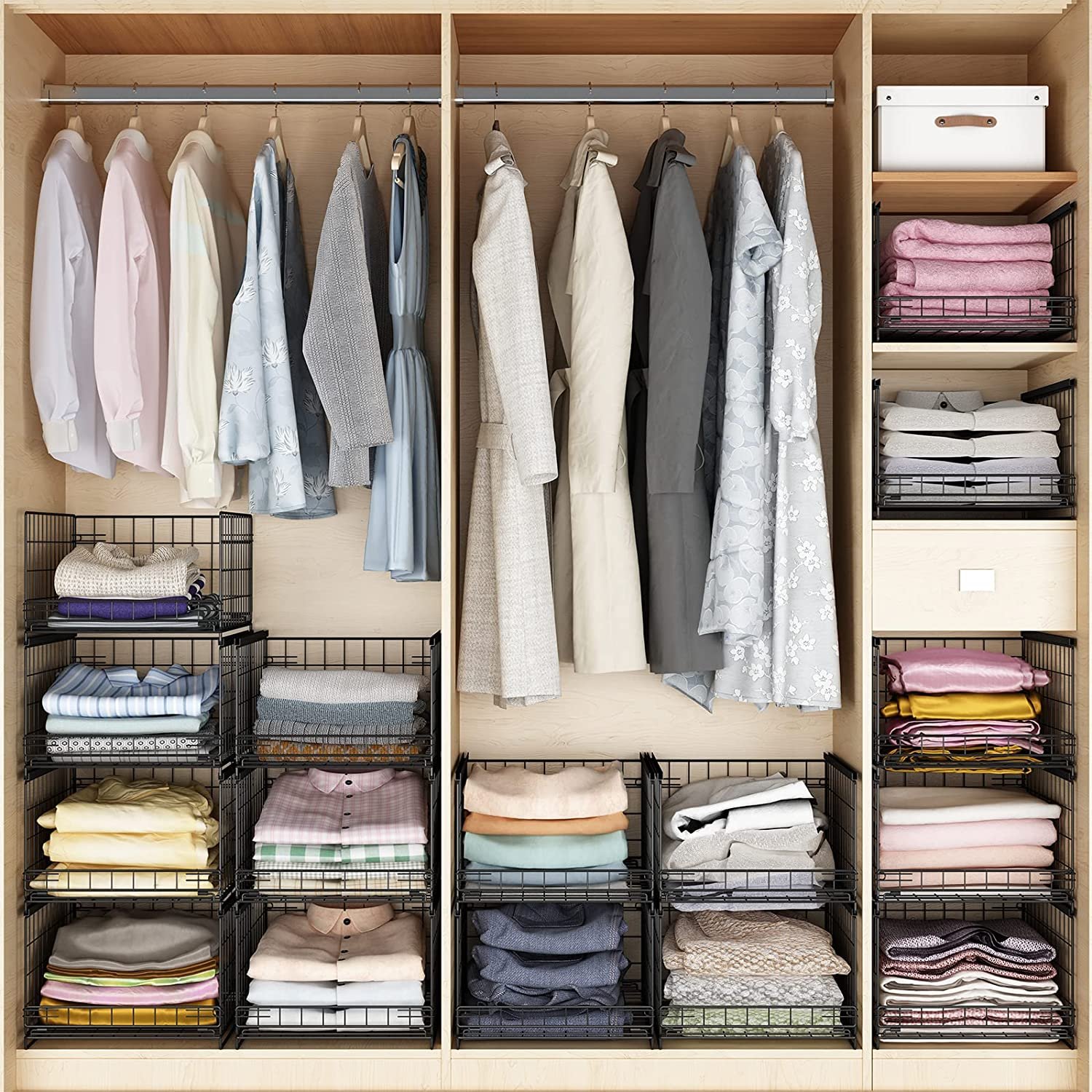 4-Tier Drawer Storage Shelves Stackable Metal Mesh Pull Out Storage Boxes Basket Wardrobe Sliding Closet Organizers