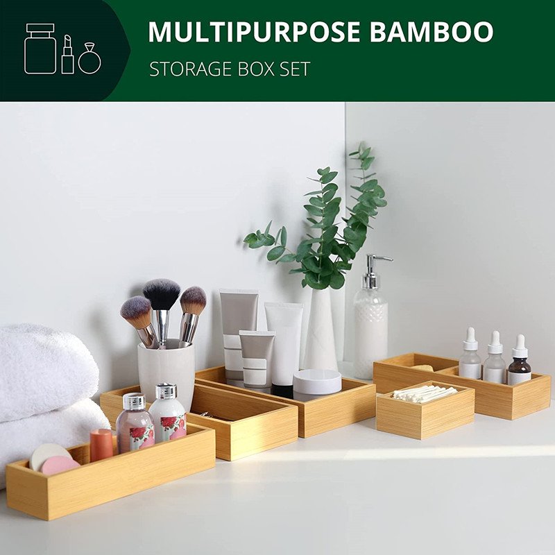 Luxury Bamboo Drawer Organizer Storage Box, Bin Set - Jewelry Organizer Trays - Multi-Use Drawer Organizer for Kitchen, Bathroom