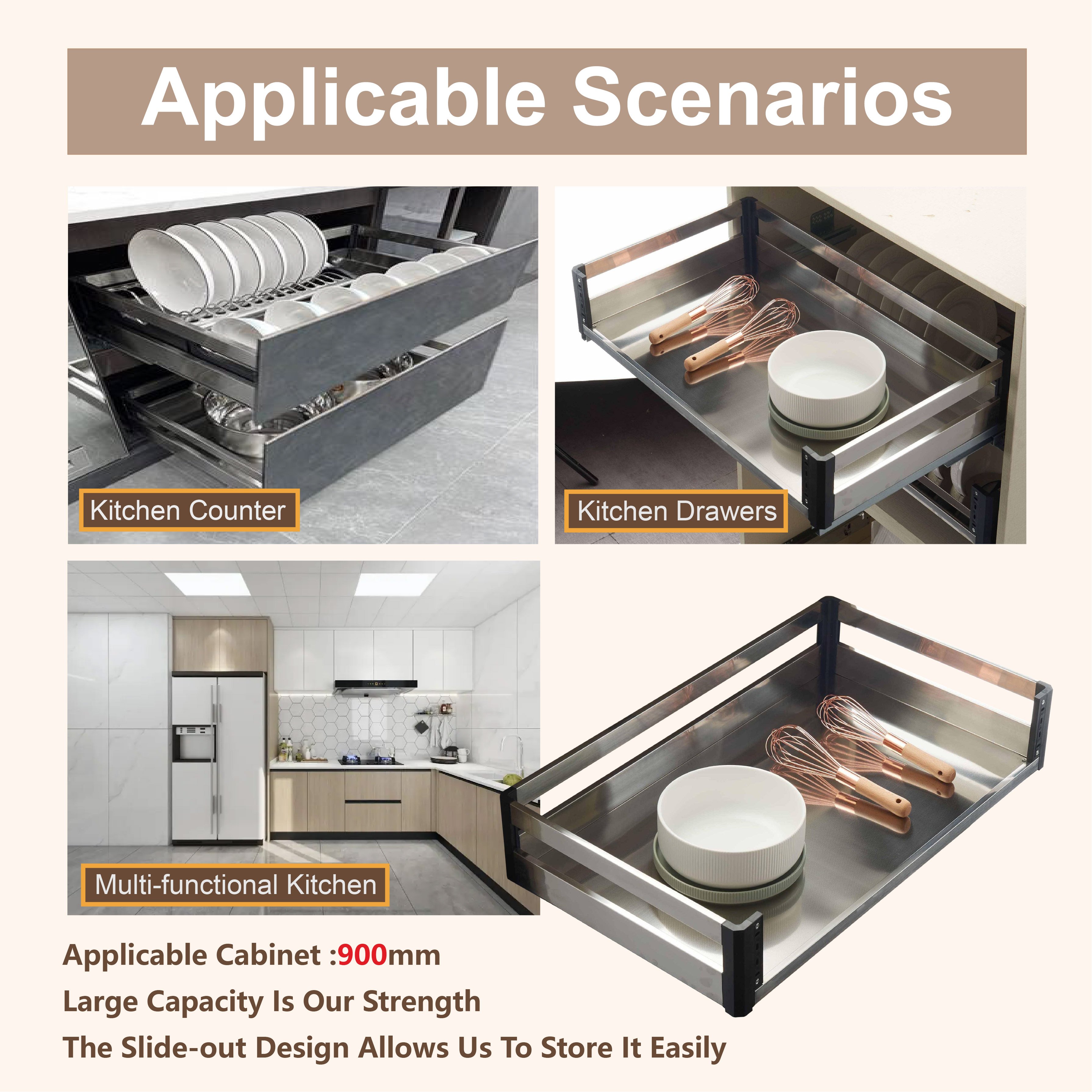 Kitchen Hardware Expandable Multi-functional Pull Out Drawer Sliding Cabinet Cutlery Organizer Tray SS 3 Sides Flat Basket