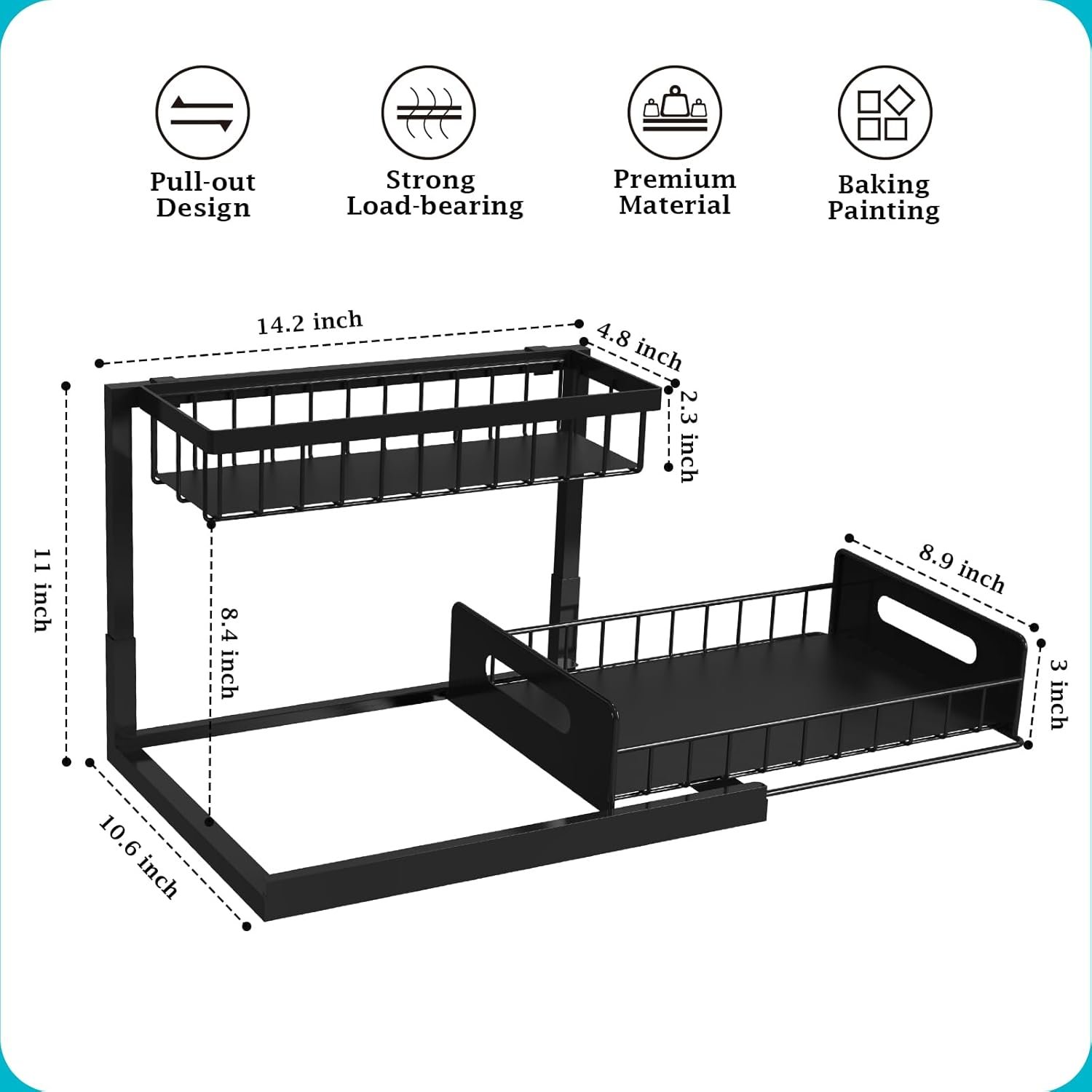 Kitchen Bathroom Under Sliding Cabinet Basket Organizer 2 Tier Under Sink Organizer with Hooks Hanging Cup and Chopstick holders