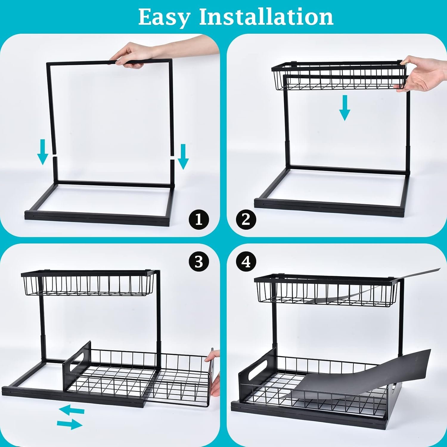 Kitchen Bathroom Under Sliding Cabinet Basket Organizer 2 Tier Under Sink Organizer with Hooks Hanging Cup and Chopstick holders