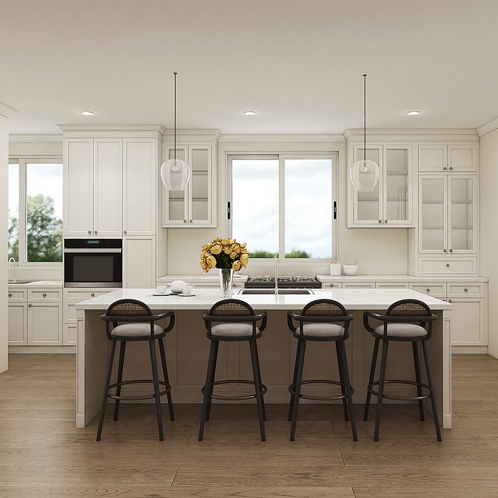 Shaker style galley minimalist full wall design solid wood slab corner doors modern green kitchen cabinets