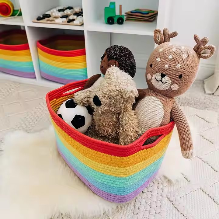 Handmade Woven Rainbow round Desktop Storage Basket Bedroom Clutter Drawers for Clothes and Laundry round Wicker Basket