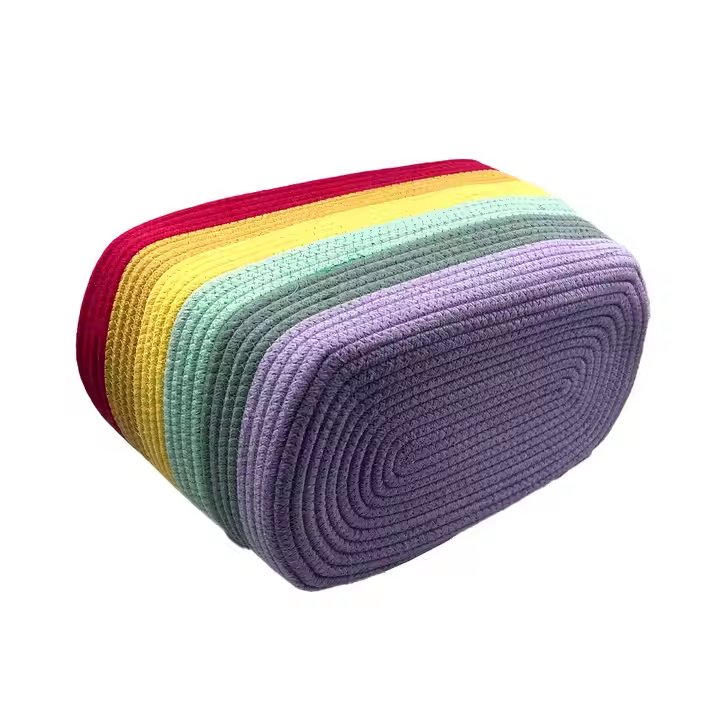 Handmade Woven Rainbow round Desktop Storage Basket Bedroom Clutter Drawers for Clothes and Laundry round Wicker Basket