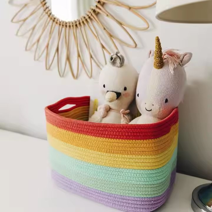 Handmade Woven Rainbow round Desktop Storage Basket Bedroom Clutter Drawers for Clothes and Laundry round Wicker Basket