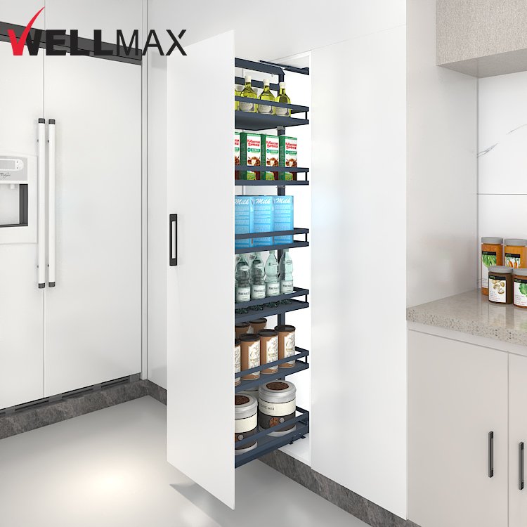 WELLMAX Pantry Organizer Cabinet Soft-Close Slide Tandem Tall Pull Out Larder Unit Basket For Kitchen Storage