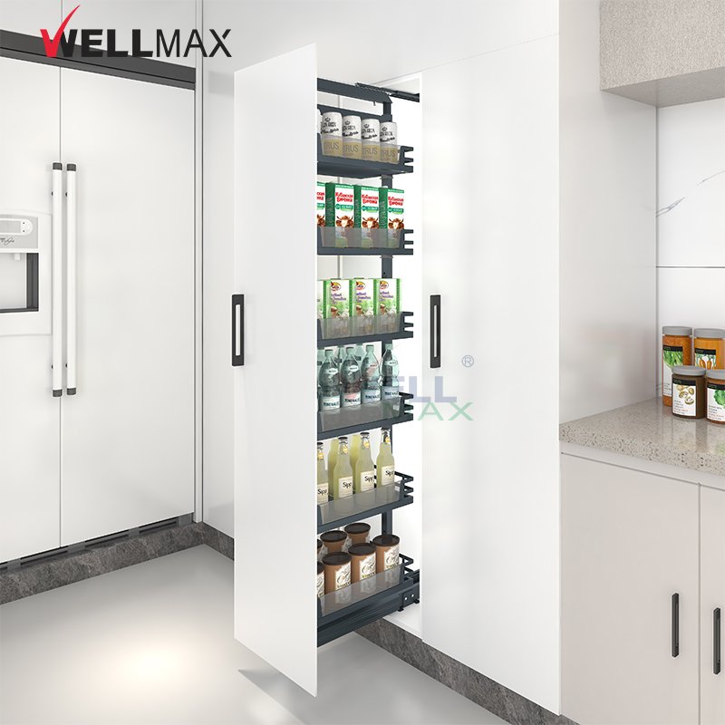WELLMAX Pantry Organizer Cabinet Soft-Close Slide Tandem Tall Pull Out Larder Unit Basket For Kitchen Storage