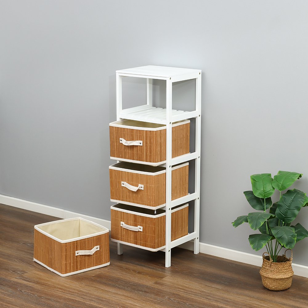 Narrow Storage Cabinet with Baskets Side End Table Nightstand Bedside Table with Pull Out 3 Bins Home Decor Chest of Drawers