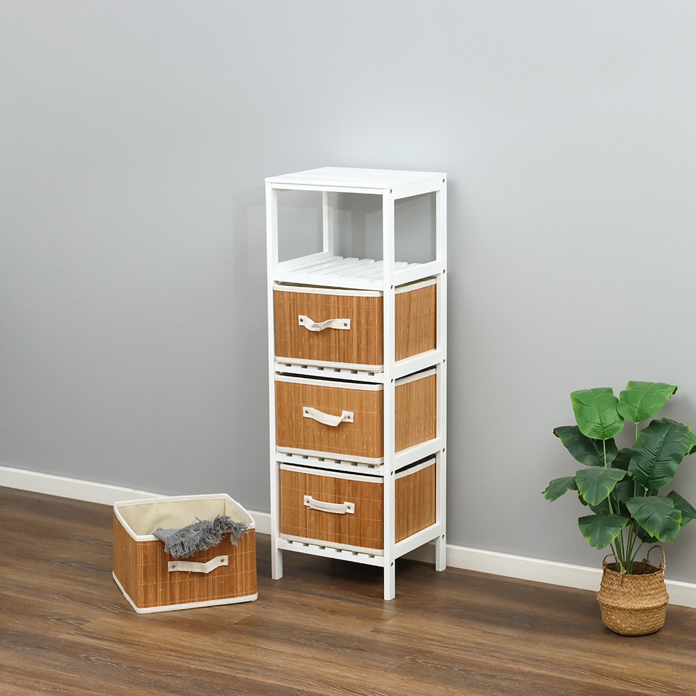 Narrow Storage Cabinet with Baskets Side End Table Nightstand Bedside Table with Pull Out 3 Bins Home Decor Chest of Drawers