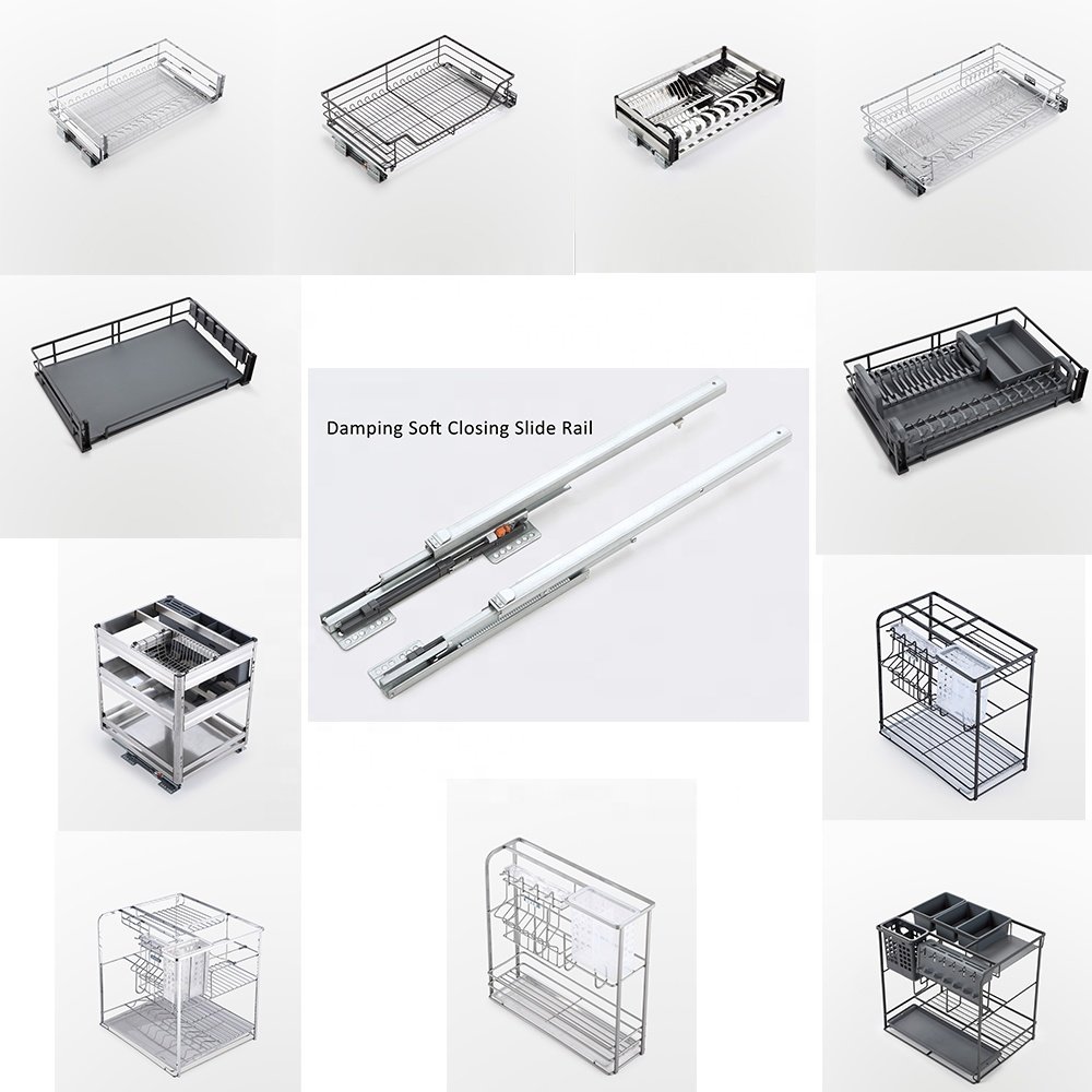 Under sink kitchen cabinet aluminum pull out basket drawer tempered glass kitchen organizer