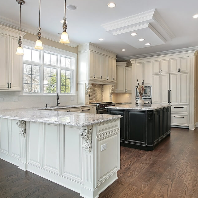 Custom European Style White Luxury Design Wooden Kitchen Cabinets With Black Island