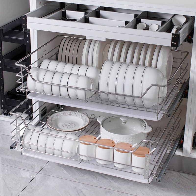 2pc Ball-Bearing System Under Sink Sliding Pull Out Drawer Cabinet Organizer Rack 2 Tier Under Sliding Wire Basket with Slides