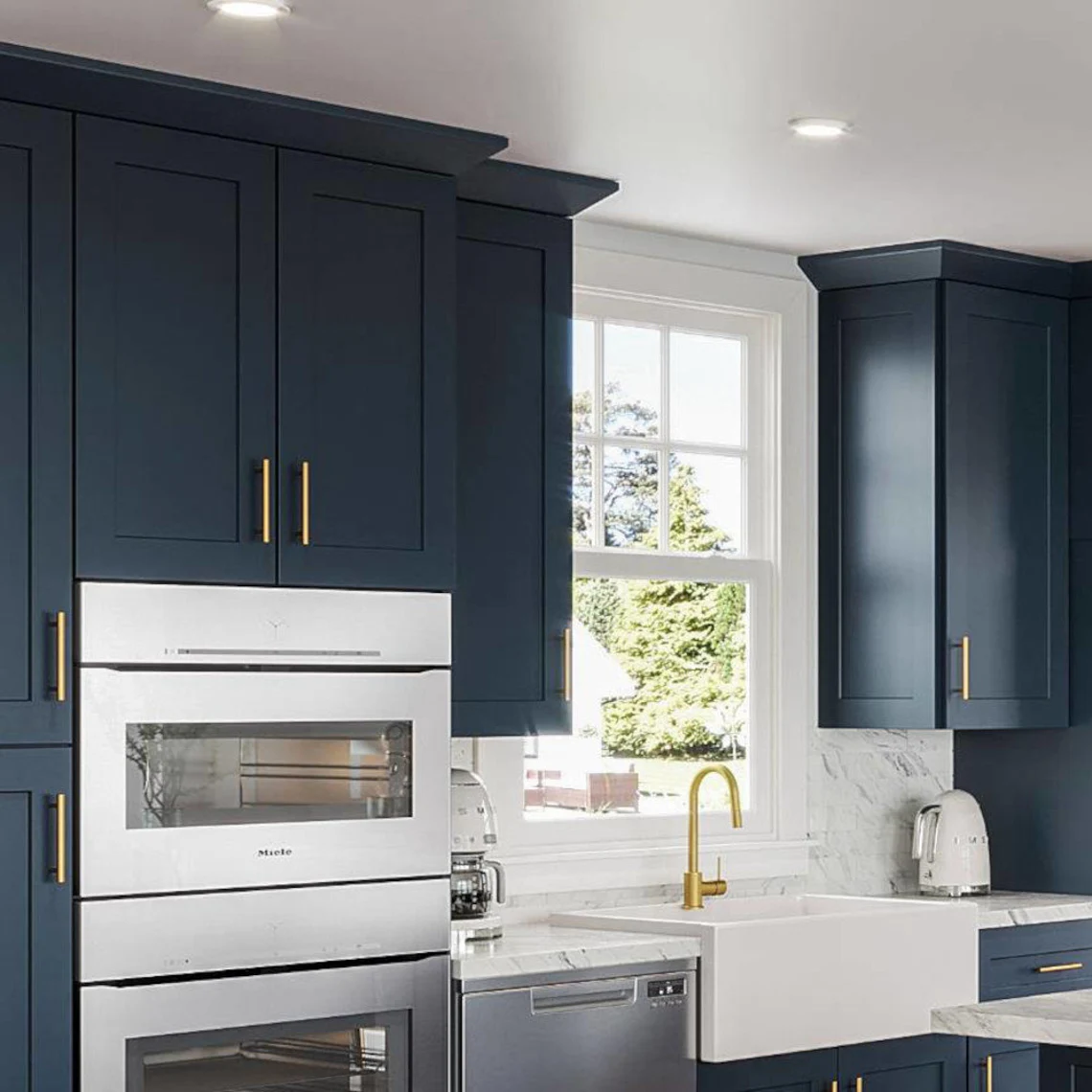 Classic Style Shaker Tenon and Mortise Drawer Countertop Solid Wood Varnish Finish Blue Kitchen Cabinet