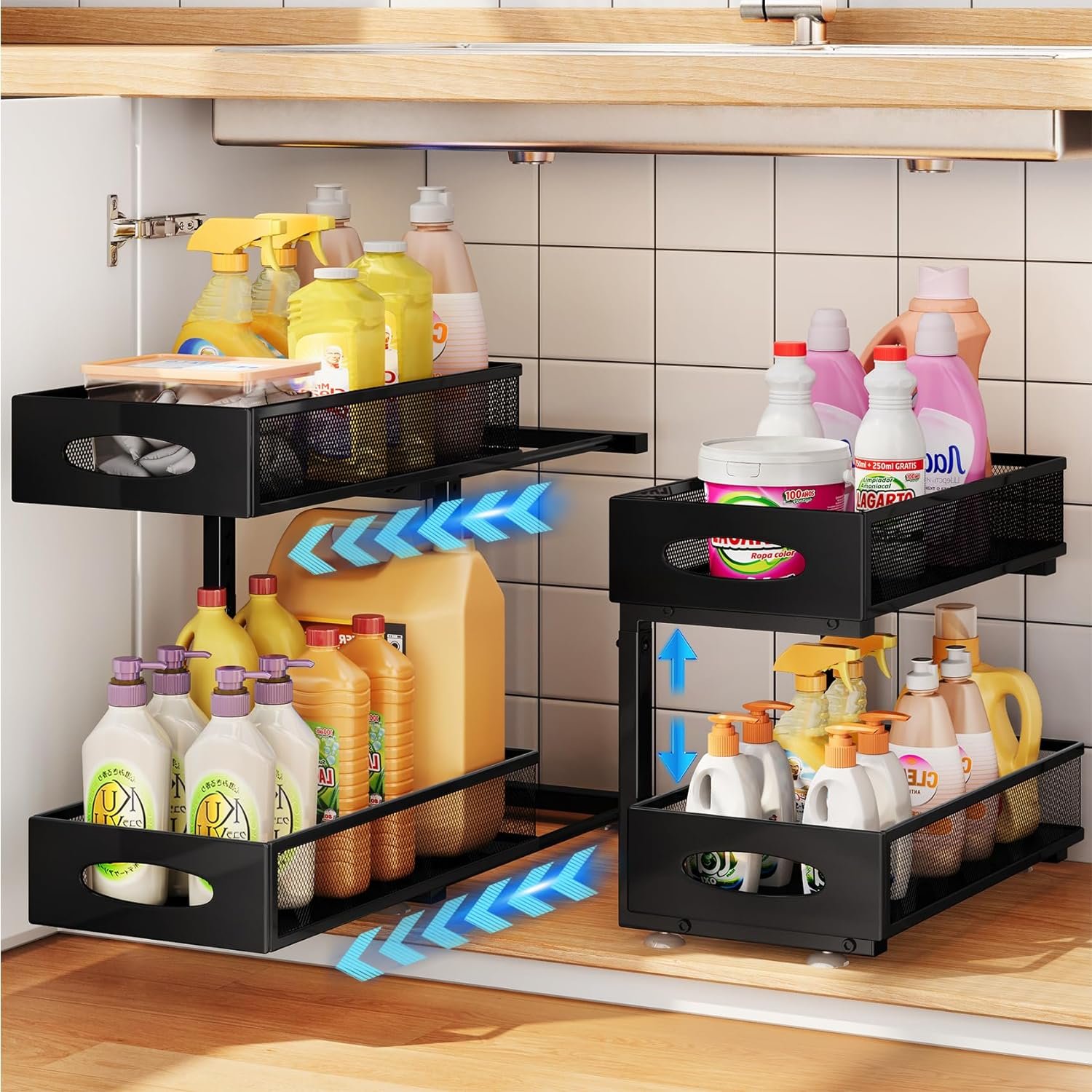 BOCHENG 2 Tier Kitchen Under The Sink Rack Cabinet Storage Rack Kitchen Sliding Pull Out Basket Organizers And Storage Drawer