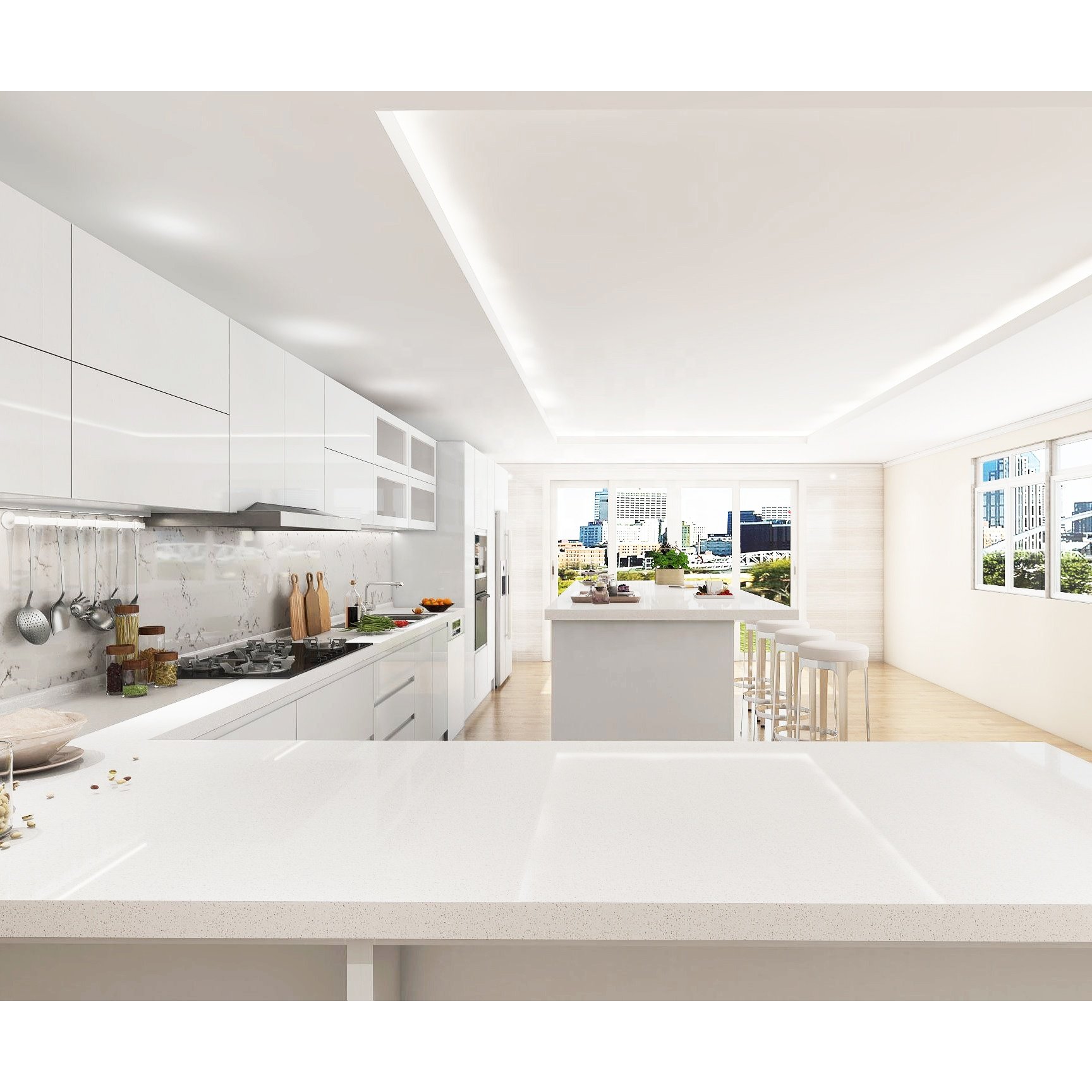 PA new design horizontal hpl white lacquer painting modern home kitchen cabinet