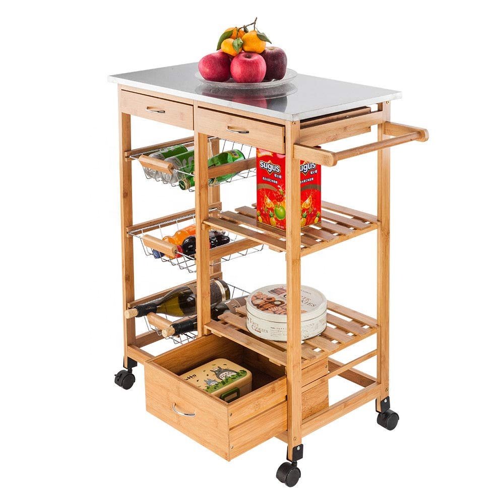 Xiapu Huayao Rolling Wood Kitchen Trolley Island Cart Dining Storage Stand w/Basket Drawers