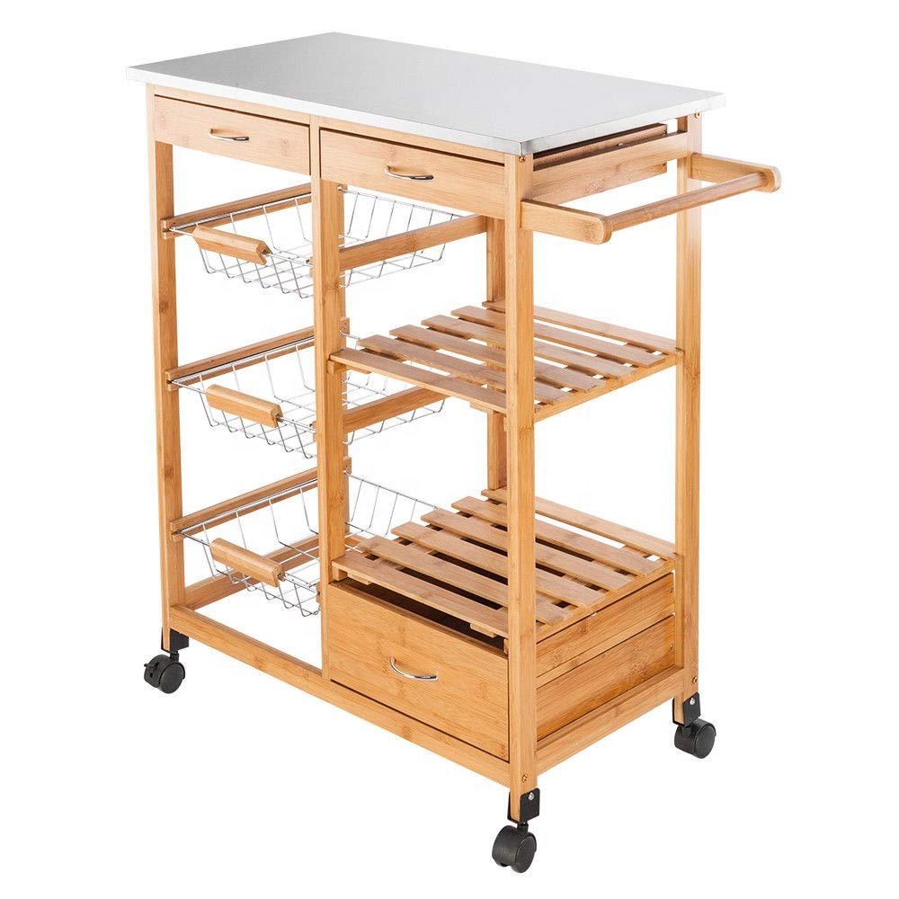 Xiapu Huayao Rolling Wood Kitchen Trolley Island Cart Dining Storage Stand w/Basket Drawers