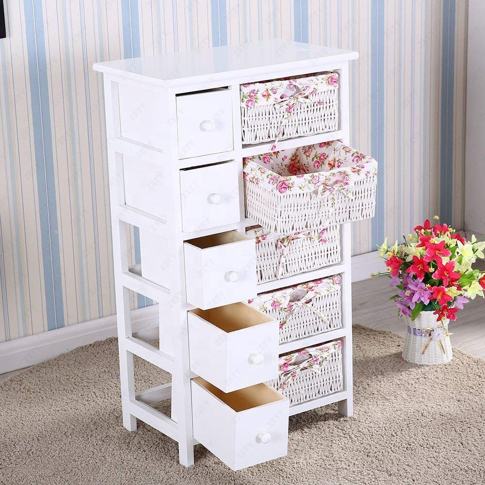 Chest of Drawers White Wooden Bedside Cabinet with Storage Wicker Baskets